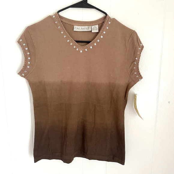 Jane Ashley Ombré Sequin Top S NWT Y2K Brown Tee Bratz Cotton Dip Dye 2000s - Picture 1 of 9
